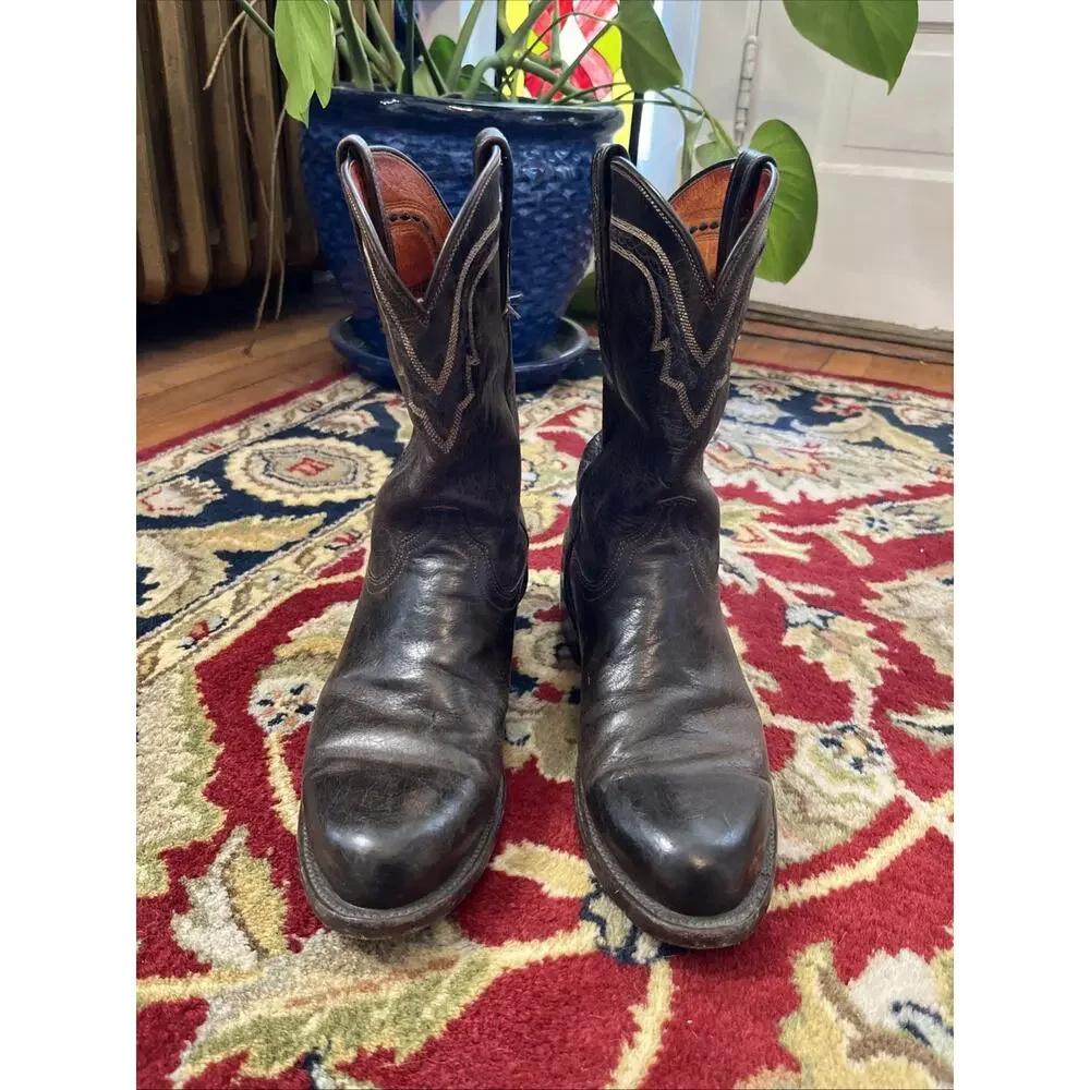 Vintage Lucchese 2000 Classic Western Boots 8 Brown Leather Mens Cowboy Western